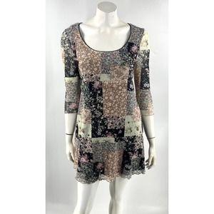 STR Mini Dress Size Large Mesh Patchwork Print Black Pink Green Floral Babydoll